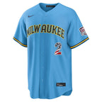 Brice Turang Milwaukee Brewers Nike USA 250 Fourth of July Road Stadium Jersey - Light Blue